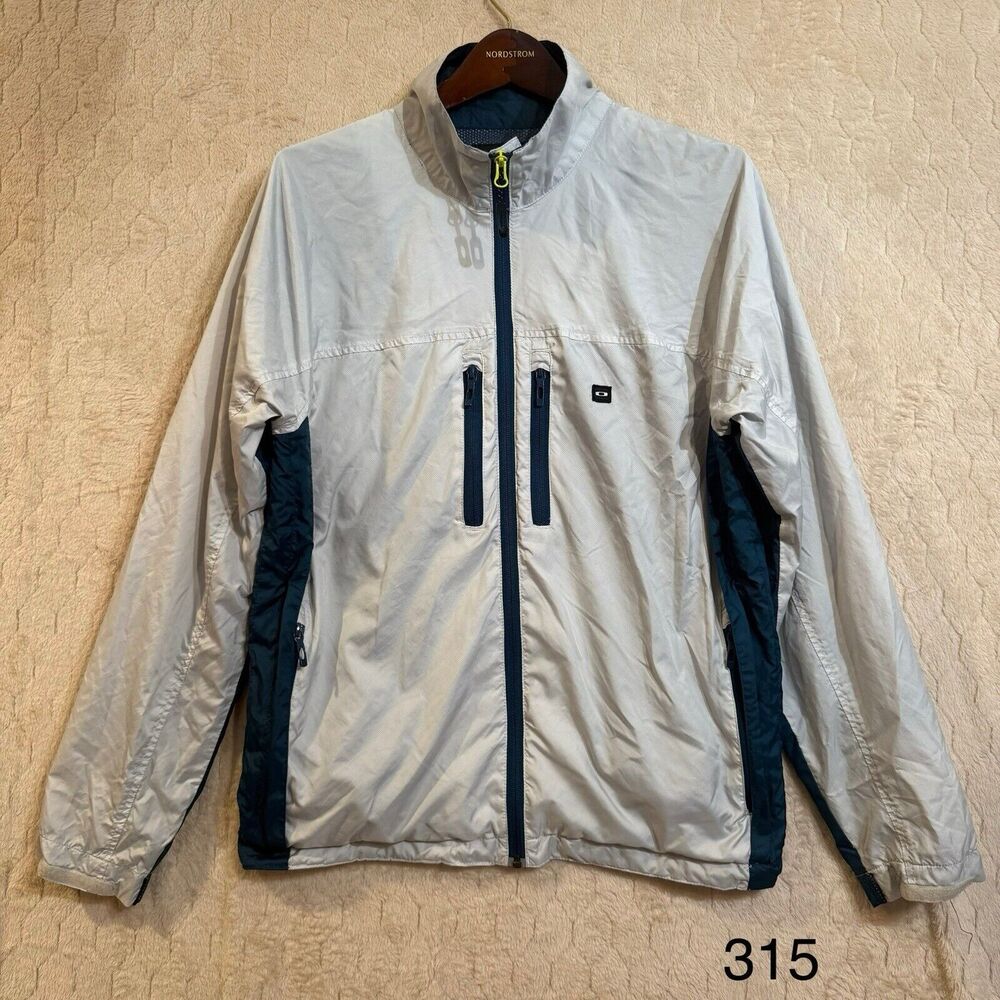 OAKLEY Silvery Gray & Dark Teal Zip Front Mesh Lined Jacket Sz M Zipped Pockets‎
